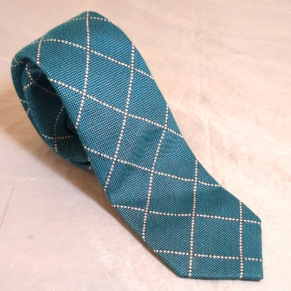 VTG Silk Charles Tyrwhitt Jermyn Street London Teal Silver Checkered Men's Tie - Picture 1 of 6